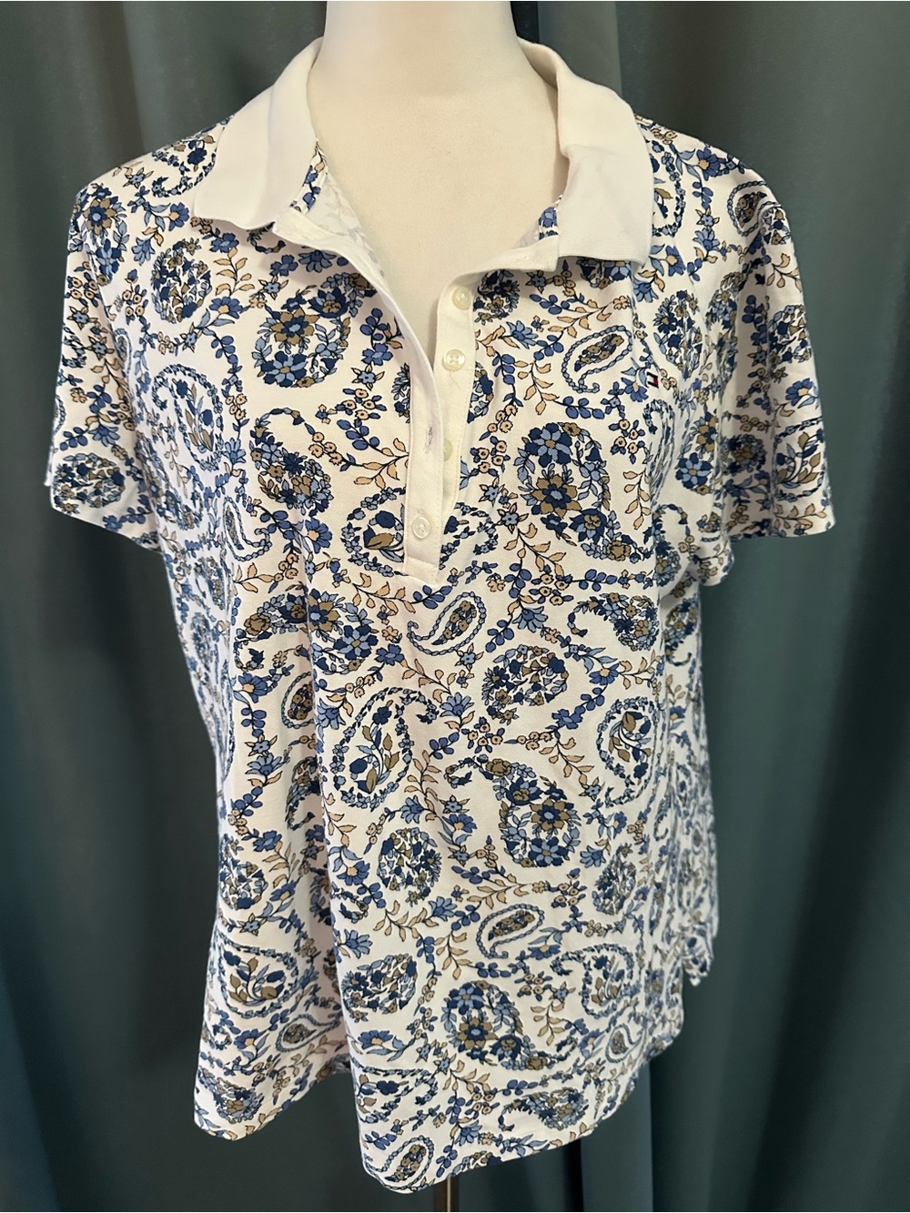 Tommy Hilfiger Womens XL Polo Shirt Blue White Paisley Floral Cotton Stretch